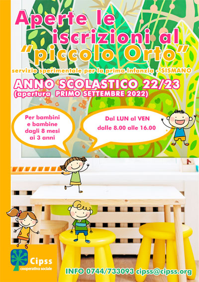 Aperte le iscrizioni al “Piccolo Orto” per l’anno scolastico 2022/23